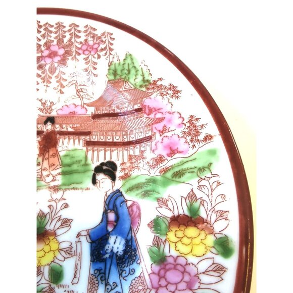 Geisha Cherry Blossom Asian Scene Ceramic Plate Red Mark Made in Japan - Picture 11 of 11
